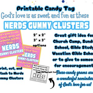 Può includere: Etichetta di caramelle stampabile con il testo "NERDS GUMMY CLUSTERS" in lettere blu e rosa. L'etichetta è rosa con accenti gialli e bianchi. Il testo "L'amore di Dio è dolce e divertente come questi" è in lettere nere. L'etichetta è un'ottima idea regalo per il campo estivo della chiesa, la scuola domenicale, lo studio biblico, la scuola biblica delle vacanze o per dare a qualcuno un incoraggiamento. Il testo "Questi grammi di caramelle sono un meraviglioso promemoria dell'amore di Dio per noi!" è in lettere nere.