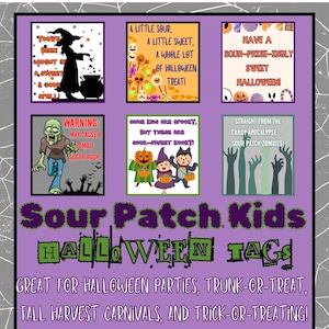 Op de afbeelding: Een verzameling Halloween-tags met Sour Patch Kids. De tags tonen verschillende Halloween-ontwerpen, waaronder een heks, zombies en snoep. De tekst bevat zinnen als "Sour Patch Zombies" en "Halloween Treat!"