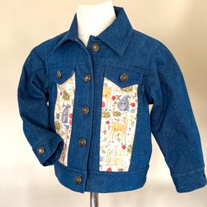 Girls Size 5 Denim Jacket with Adorable Woodland Animal Contrast. Unlined.  Handmade.  Metal Buttons