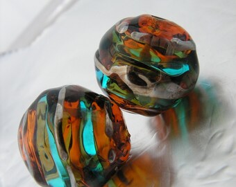 AMBER and AQUA HOLLOW Glass Beads for  Earrings