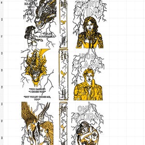 May include: A digital illustration of four book covers with lightning bolts and text. The covers are for the books "Fourth Wing", "Iron Flame", "Onyx Storm", and "Violet Sorrendail".