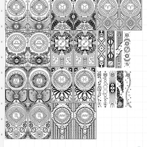 May include: Black and white zodiac sign designs. Each design features intricate details and symbols associated with the astrological signs. The signs include Gemini, Taurus, Aries, Libra, Sagittarius, and others. The designs are arranged in a grid.