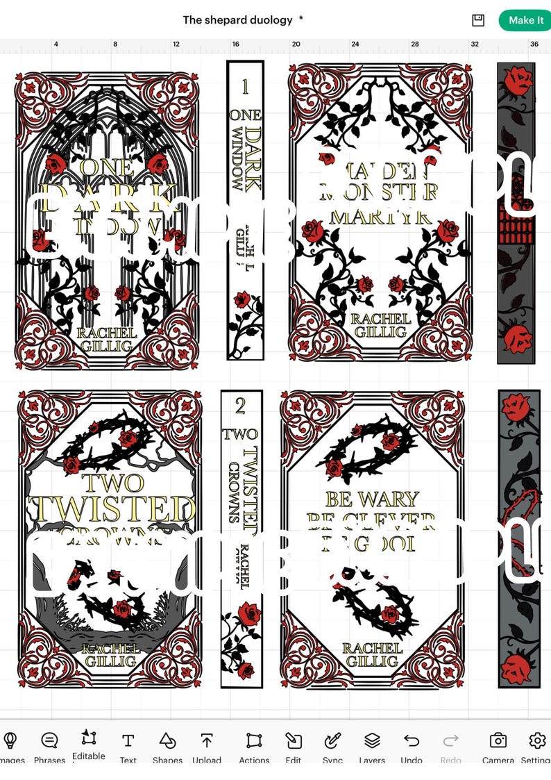 May include: A book cover mockup for the "The Shepard Duology" series. The covers are in a gothic style with black and red floral designs. The first book is titled "One Dark Window" and the second book is titled "Two Twisted Crowns".