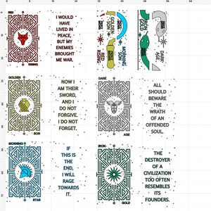 Peut inclure: Une feuille de conception numérique avec neuf motifs de labyrinthe différents, chacun avec un schéma de couleurs différent et une citation au centre. Les citations portent sur la guerre, la paix et la vengeance. Les motifs sont parfaits pour créer des objets artisanaux et des projets personnalisés.