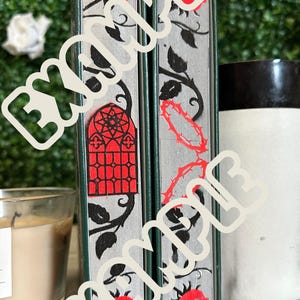 May include: Two decorative books with a silver background and black and red floral designs. The books have a green spine and red roses with thorns.