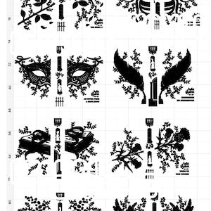 May include: A black and white digital illustration of book covers with floral and nature-themed designs. The book titles are "The Duke & I", "An Offer From A Gentleman", "Romancing Mr. Bridgerton", "What  Happened In  The  Woods", "It's In His Kiss", "On The  Way To The Wedding".