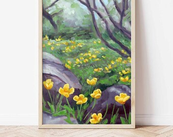 Yellow Meadow Landscape Giclée Print | Flower Landscape | Fine Art Print Desert | Vertical Print | Landscape Painting | Wall Art