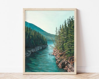 Lake Minnewanka River Landscape Giclée Print | Rocky Mountains | Fine Art Print National Park | Vertical Print | Banff Painting | Wall Art