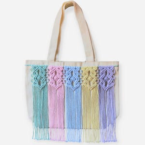Cotton shopper bag with macrame trim for going to the market, beach or everyday use/eco-friendly