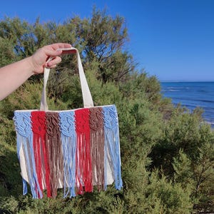 Cotton shopper bag with macrame trim for going to the market, beach or daily use/ eco-friendly