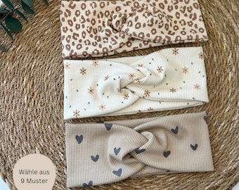 Knotenstirnband aus Ribjersey, Stirnband, Haarband, Twist, Herzen, Zitrone, Blume, Leo, Muster