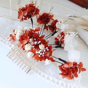 Brick Ochre Sienna Copper Flower Hair Pins, Rust Orange Boho Bridesmaid Hair Comb