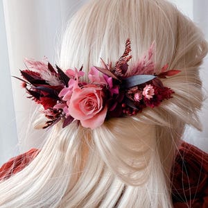 Burgundy Pink Hair Comb Flower Hair Comb Autumn Wedding Rustic Flowers Burgundy Bridal Headpiece Bridal Flower Hair Comb with Natural Rose