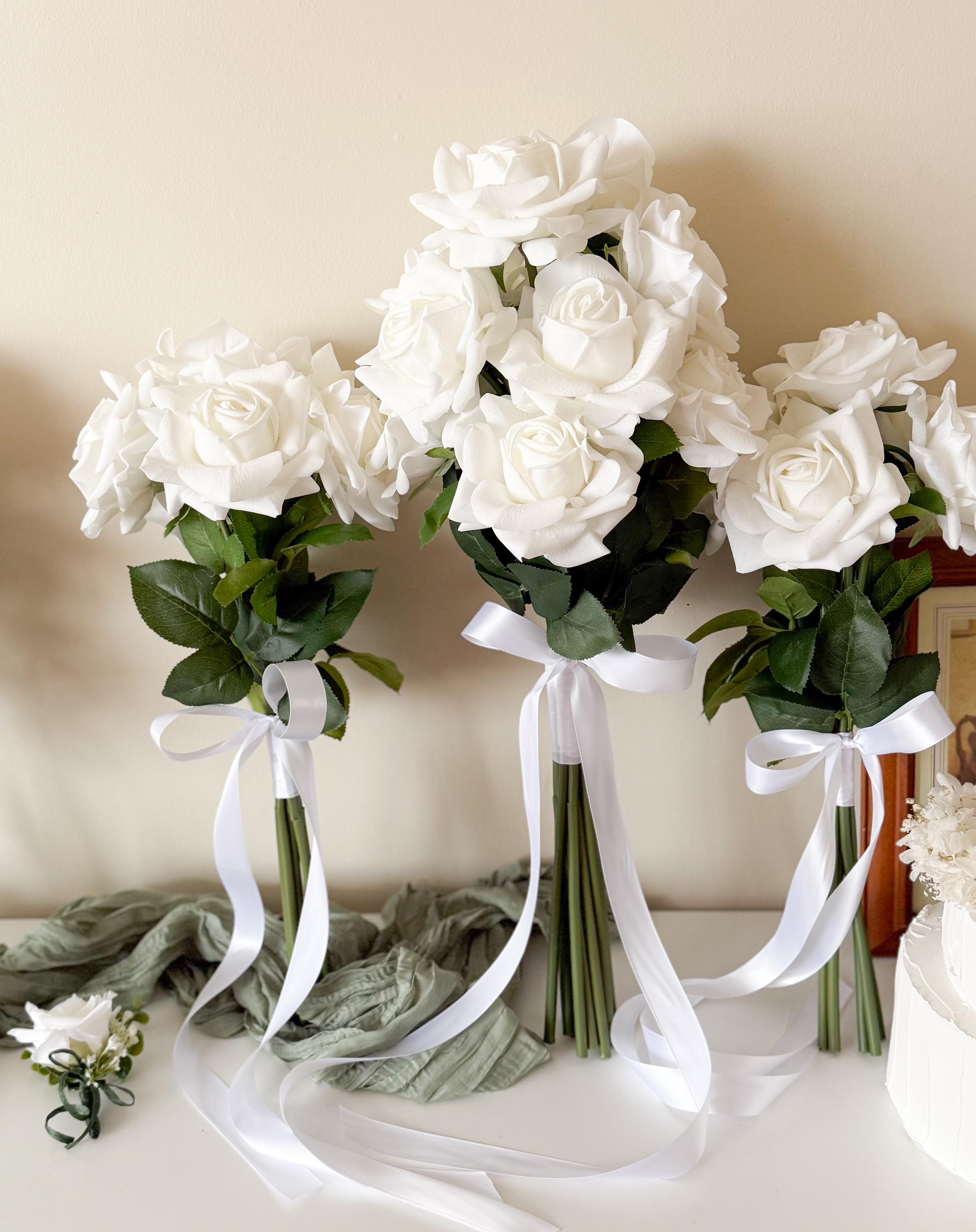 White Silk Rose Bridal Bouquet, Classic Modern Real-touch Reflex Roses ...
