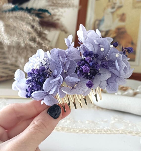 Lavender Lilac Blue Dry Floral Hair Comb, Rustic Dried  display picture 2