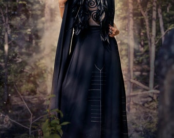 Long Black Maxi Skirt Ogham Print Celtic Witch