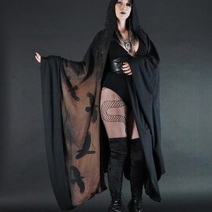 Long Hooded Ritual Robe Crow Bat Moth Print