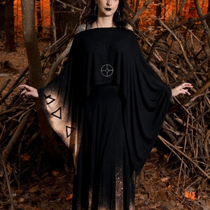 Four Elements Print Black Batwing Edgy Poncho Capelet