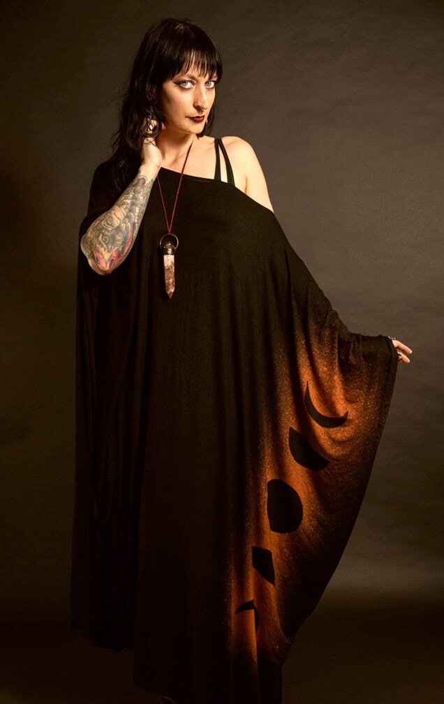 Moon Phase Long Black Kaftan Over Size Dress