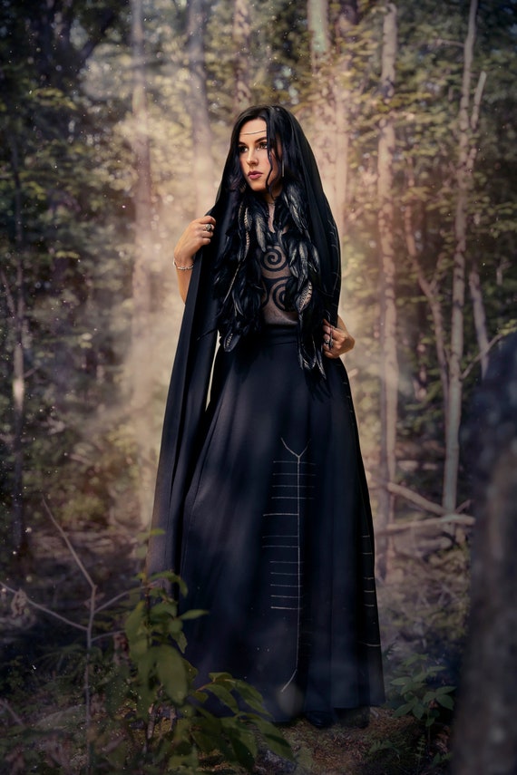 Long Black Maxi Skirt Ogham Print Celtic Witch Etsy