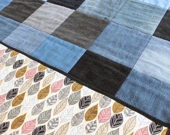 Baby Crib Quilt from Recycled Denim - Leaf Backing - Black, Gray, Cream, Pink