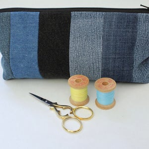 Striped Zipper Pouch, Upcycled Denim, Bluebird Lining image 1