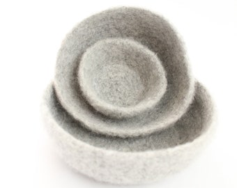 Wool Felted Bowls /  Set of Three / Modern / Light Heather Gray