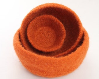 Wool Felted Bowls /  Set of Three / Modern / Pumpkin Orange