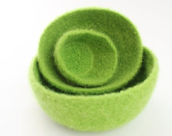 Wool Felted Bowls /  Set of Three / Modern / Apple Green