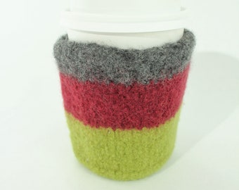 Coffee Cozy, Hand-knit Felted Wool, Cranberry, Green, Gray, Melanie