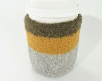 Coffee Cozy, Hand-knit Felted Wool, Green, Gold, Gray, Maria