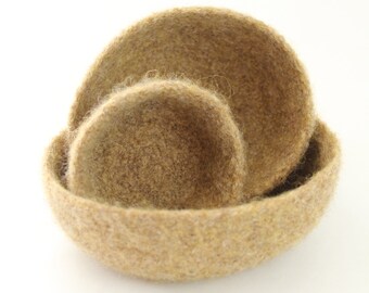 Wool Felted Bowls /  Set of Three / Modern / Camel