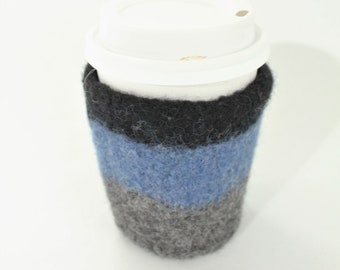 Coffee Cozy, Hand-knit Felted Wool, Blue, Black, Gray, Christa Belle