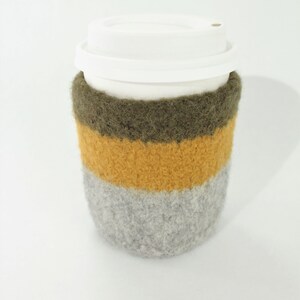 Coffee Cozy, Hand-knit Felted Wool, Green, Gold, Gray, Maria