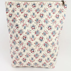 Tall Fold Over Quilted Zipper Pouch, Patchwork Stripes, Sepia Tones, Teal Floral Print, Cream Zipper image 3