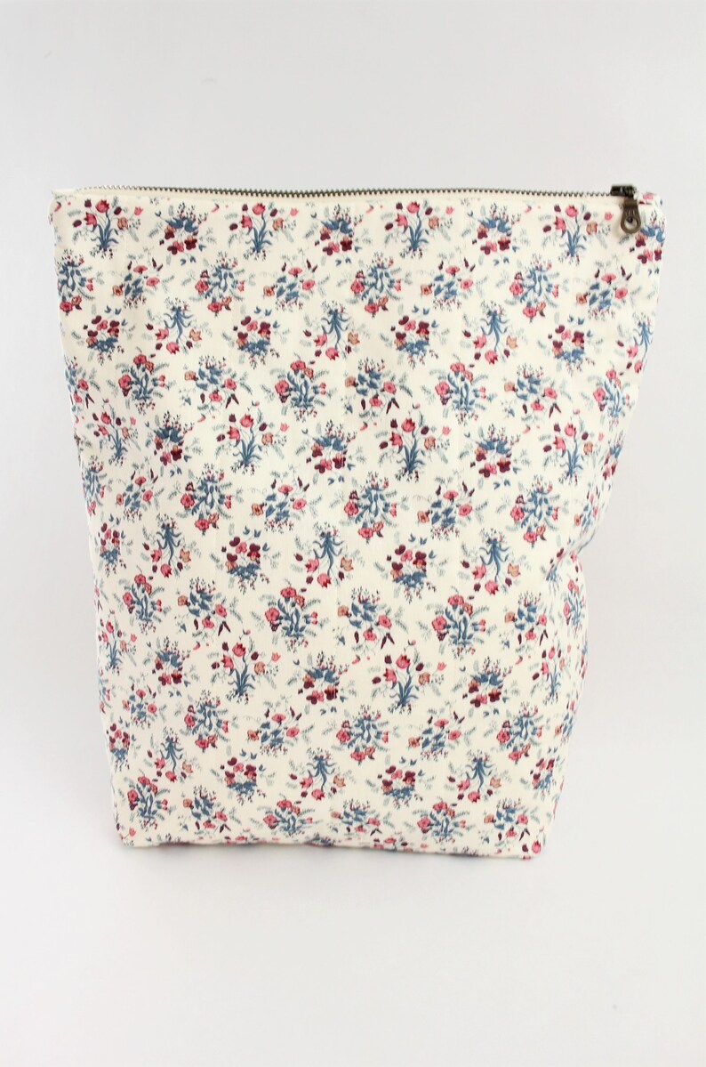 Tall Fold Over Quilted Zipper Pouch, Patchwork Stripes, Sepia Tones, Teal Floral Print, Cream Zipper image 3