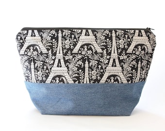 Medium Zipper Pouch, Shawl Knitting Bag, Eiffel Tower & Denim