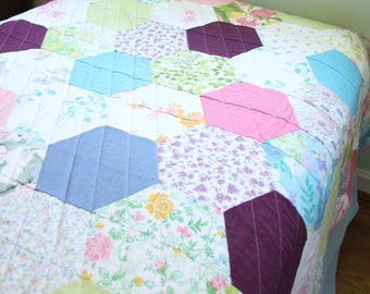 Twin Hexagon Quilt from Vintage Sheets - Pink, Yellow, Blue, Green
