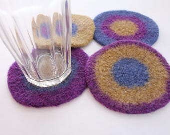Coasters - Hand-knit Felted Wool  - Purple, Tan, Blue - Eva