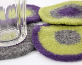 Coasters - Hand-knit Felted Wool  - Ultra Violet, Green, Gray, Violette