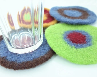 Coasters - Hand-Knit Felted Wool - Cranberry, Green, Brown, Gold, Blue - Amy One