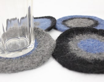 Coasters - Hand-knit Felted Wool - Blue, Black, Gray, Christa Belle