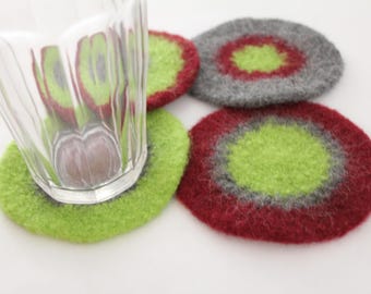 CLEARANCE Coasters - Hand-knit Felted Wool - Green, Cranberry, Gray, Melanie