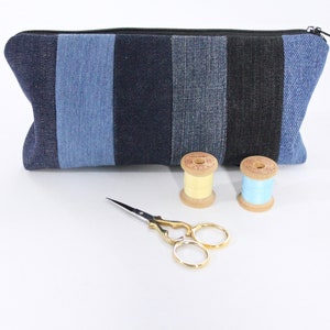 Striped Zipper Pouch, Upcycled Denim, Black Floral Lining