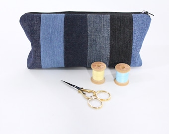 Striped Zipper Pouch, Upcycled Denim, Black Floral Lining