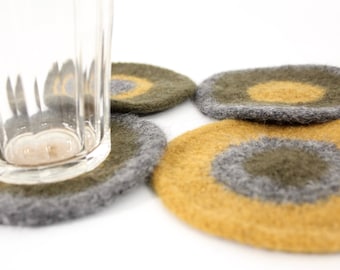 Coasters - Hand-knit Felted Wool  - Olive, Gray, Gold, Maria