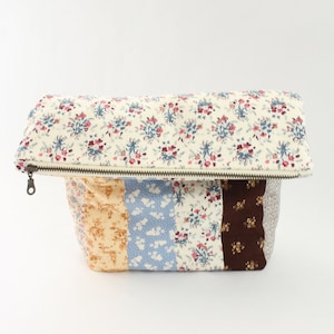 Tall Fold Over Quilted Zipper Pouch, Patchwork Stripes, Sepia Tones, Teal Floral Print, Cream Zipper image 1