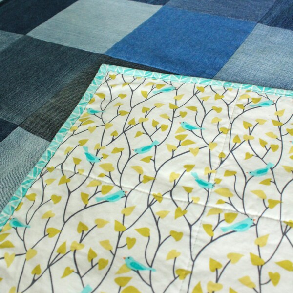 Twin Quilt from Upcycled Denim - Bird Print Backing - Turquoise, White, Yellow