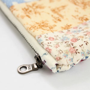 Tall Fold Over Quilted Zipper Pouch, Patchwork Stripes, Sepia Tones, Teal Floral Print, Cream Zipper image 4