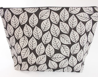 Large Zipper Pouch, Sweater Knitting Bag with Interior Pocket, Modern Black Leaf